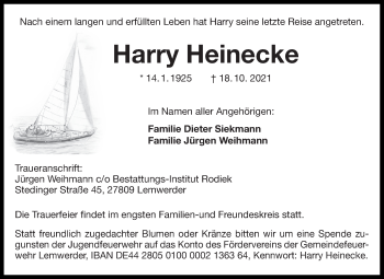 Traueranzeige von Harry Heinecke von Die Norddeutsche