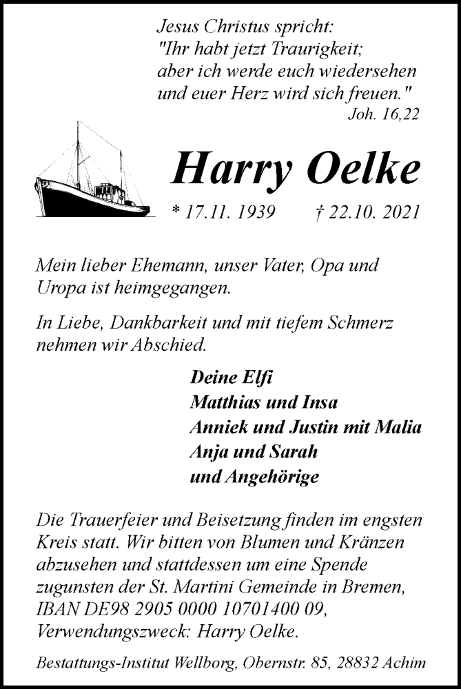  Traueranzeige für Harry Oelke vom 30.10.2021 aus WESER-KURIER