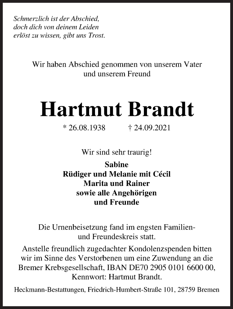  Traueranzeige für Hartmut Brandt vom 30.10.2021 aus Die Norddeutsche