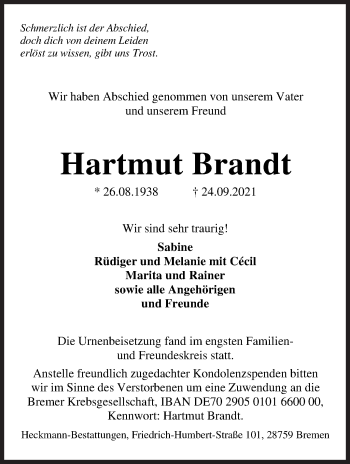 Traueranzeige von Hartmut Brandt von Die Norddeutsche