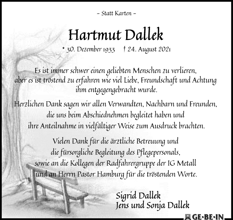 Traueranzeige von Hartmut Dallek von WESER-KURIER