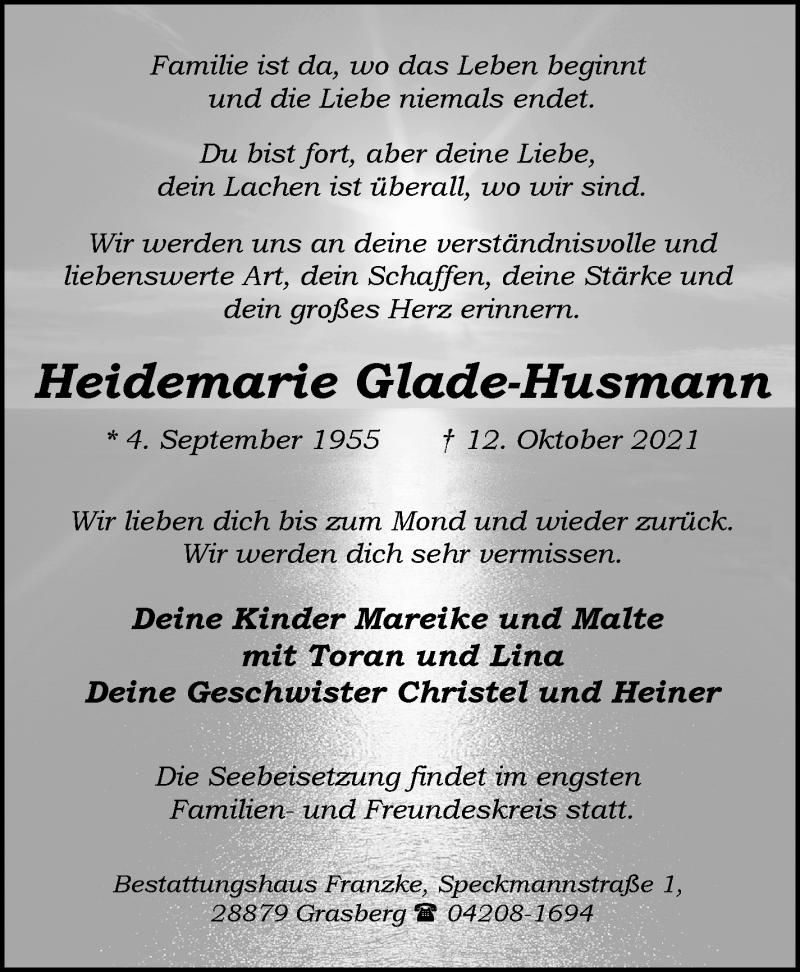  Traueranzeige für Heidemarie Glade-Husmann vom 20.10.2021 aus WESER-KURIER
