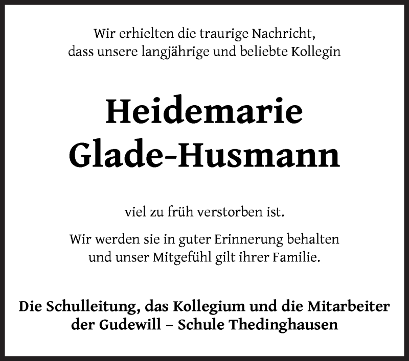  Traueranzeige für Heidemarie Glade-Husmann vom 20.10.2021 aus Wuemme Zeitung