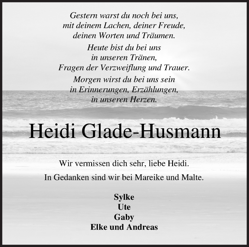  Traueranzeige für Heidemarie Glade-Husmann vom 23.10.2021 aus Wuemme Zeitung