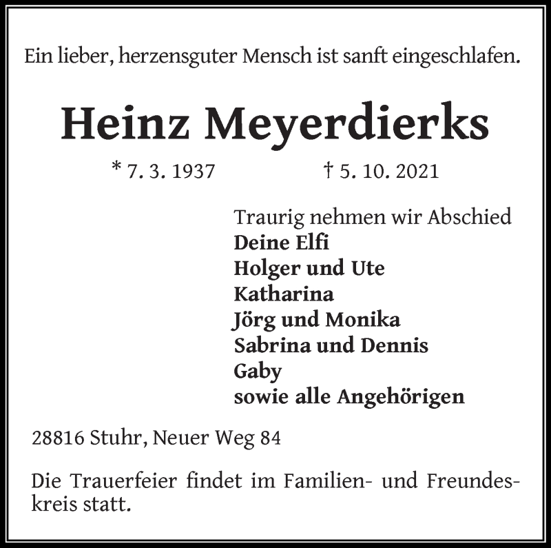 Traueranzeige von Heinz Meyerdierks von WESER-KURIER