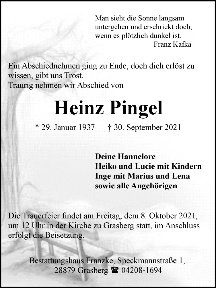  Traueranzeige für Heinz Pingel vom 05.10.2021 aus Wuemme Zeitung