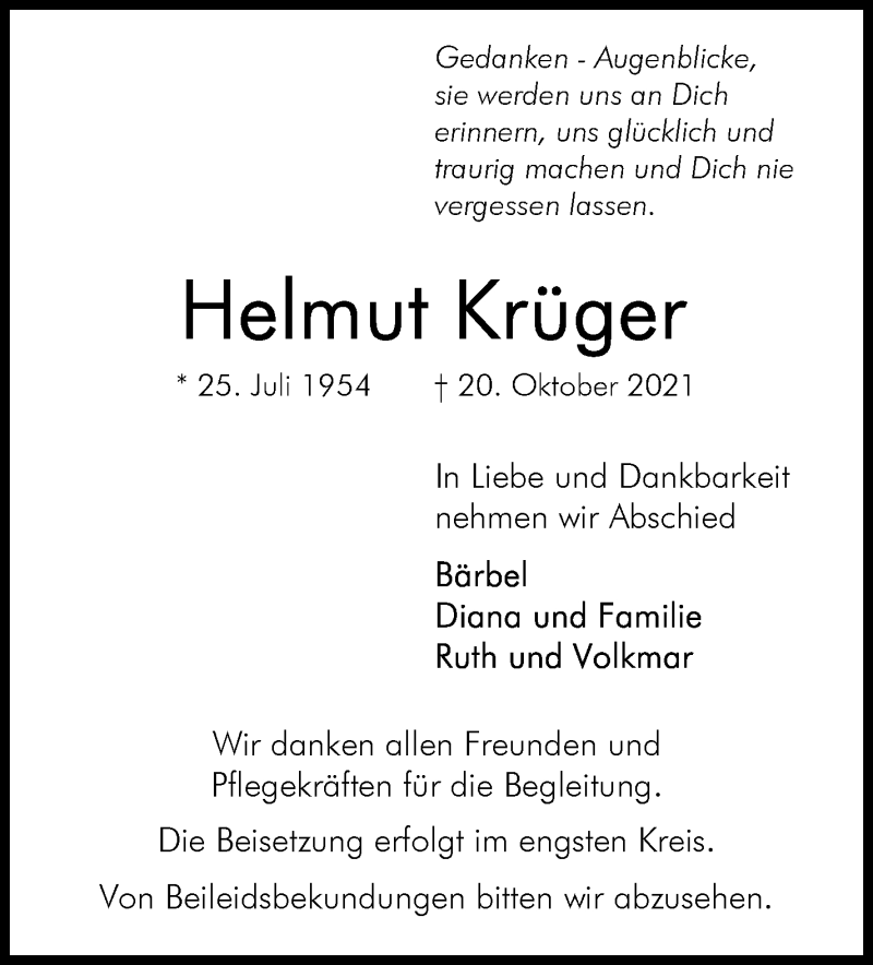  Traueranzeige für Helmut Krüger vom 30.10.2021 aus WESER-KURIER