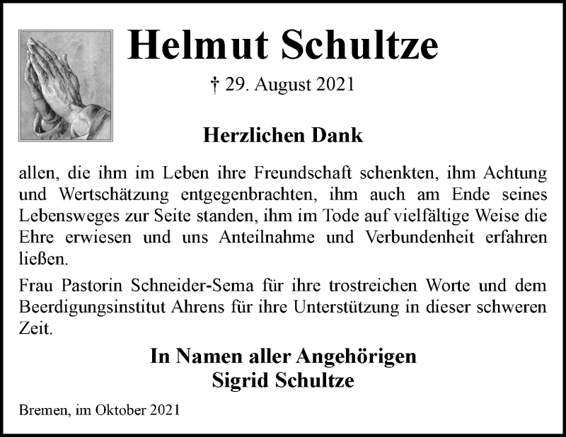 Traueranzeige von Helmut Schultze von WESER-KURIER