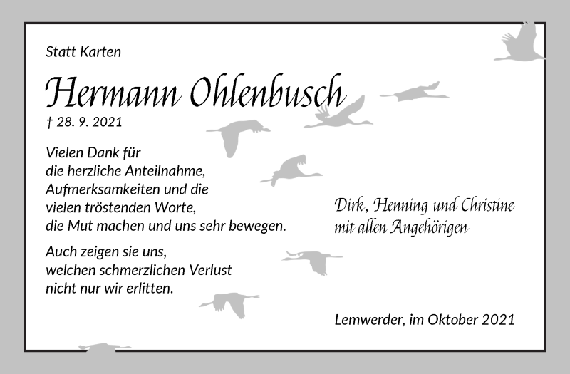  Traueranzeige für Hermann Ohlenbusch vom 30.10.2021 aus Die Norddeutsche