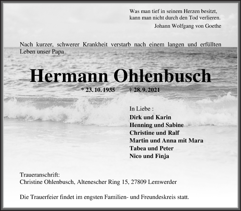  Traueranzeige für Hermann Ohlenbusch vom 02.10.2021 aus Die Norddeutsche