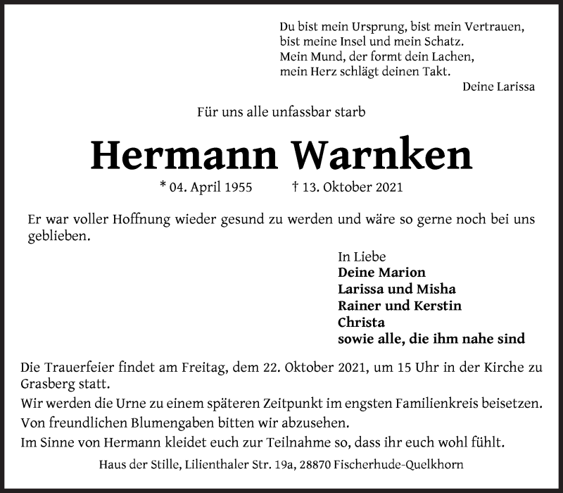  Traueranzeige für Hermann Warnken vom 16.10.2021 aus Wuemme Zeitung