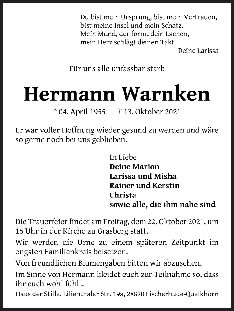  Traueranzeige für Hermann Warnken vom 16.10.2021 aus WESER-KURIER