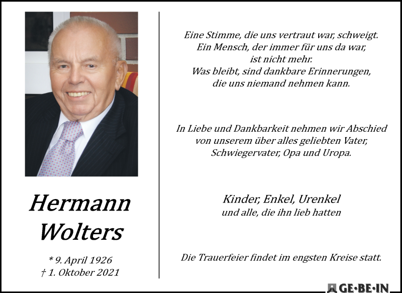  Traueranzeige für Hermann Wolters vom 09.10.2021 aus WESER-KURIER