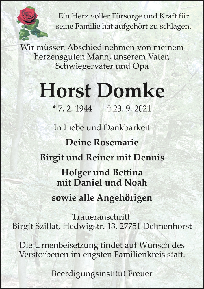  Traueranzeige für Horst Domke vom 02.10.2021 aus WESER-KURIER