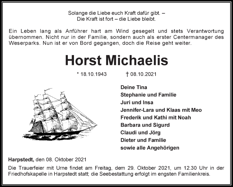  Traueranzeige für Horst Michaelis vom 16.10.2021 aus WESER-KURIER