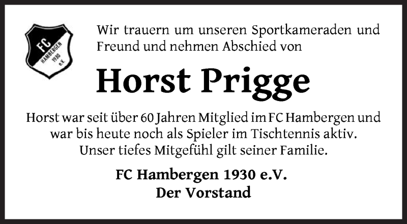  Traueranzeige für Horst Prigge vom 05.10.2021 aus Osterholzer Kreisblatt