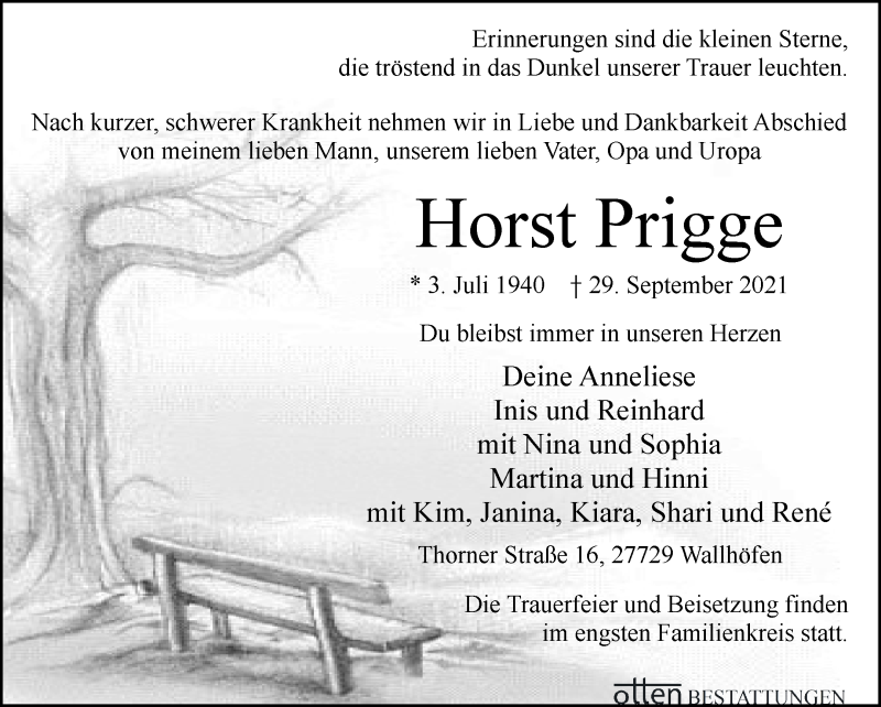  Traueranzeige für Horst Prigge vom 02.10.2021 aus Osterholzer Kreisblatt