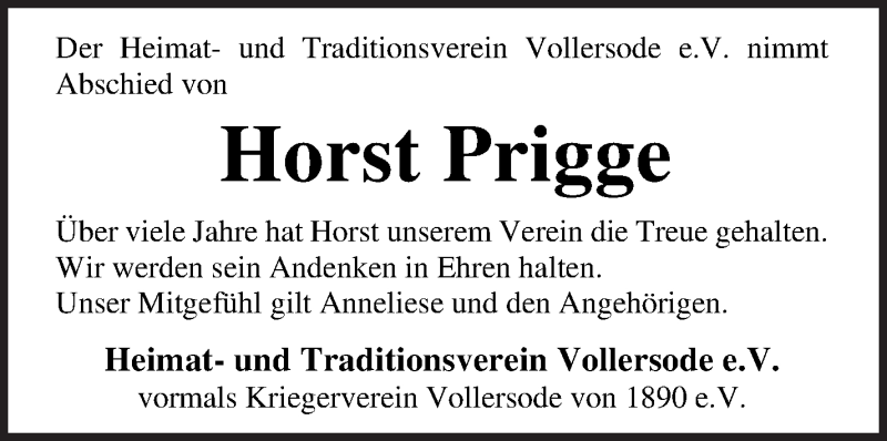  Traueranzeige für Horst Prigge vom 05.10.2021 aus Osterholzer Kreisblatt