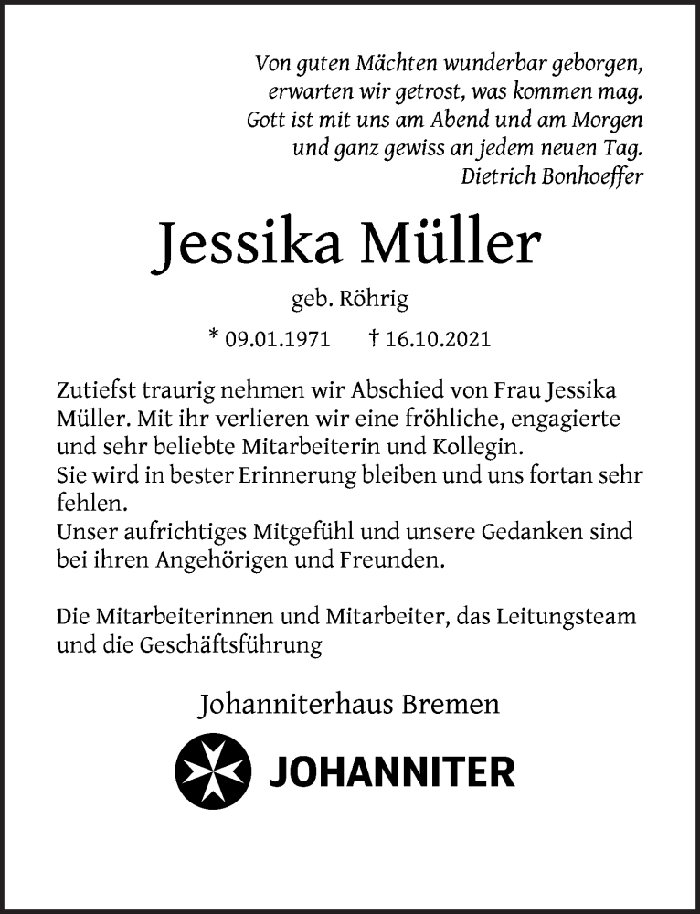  Traueranzeige für Jessika Müller vom 23.10.2021 aus Achimer Kurier/Verdener Nachrichten