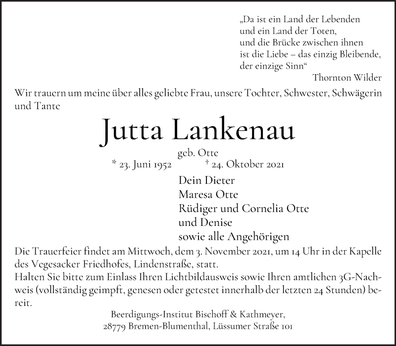  Traueranzeige für Jutta Lankenau vom 30.10.2021 aus Die Norddeutsche