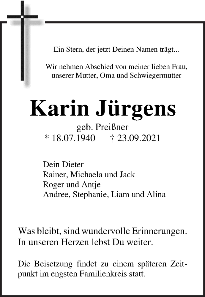  Traueranzeige für Karin Jürgens vom 02.10.2021 aus WESER-KURIER