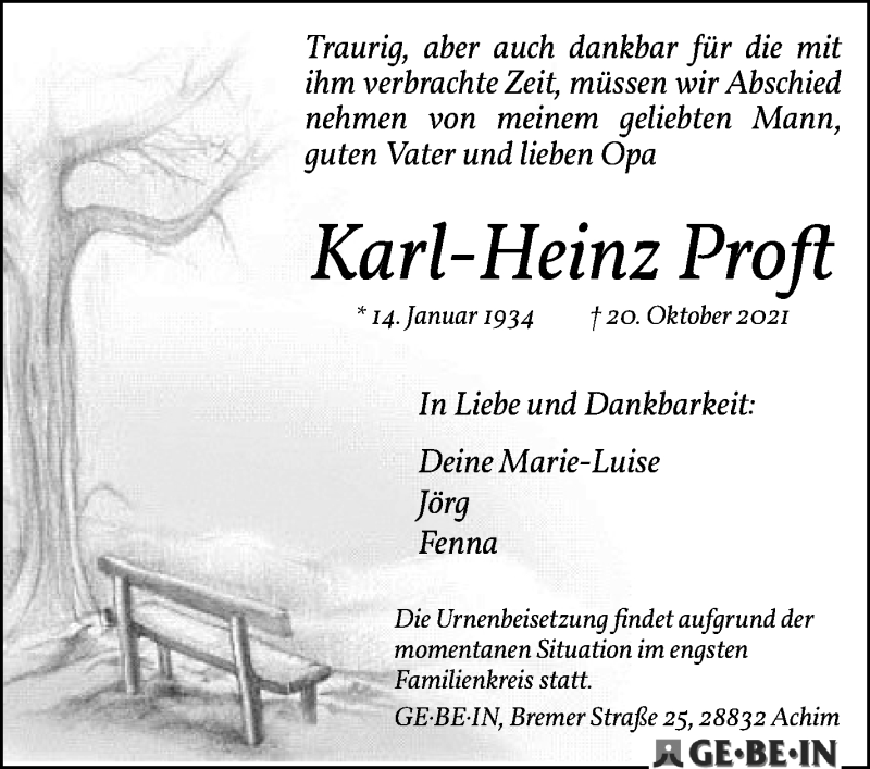 Traueranzeige von Karl-Heinz Proft von WESER-KURIER
