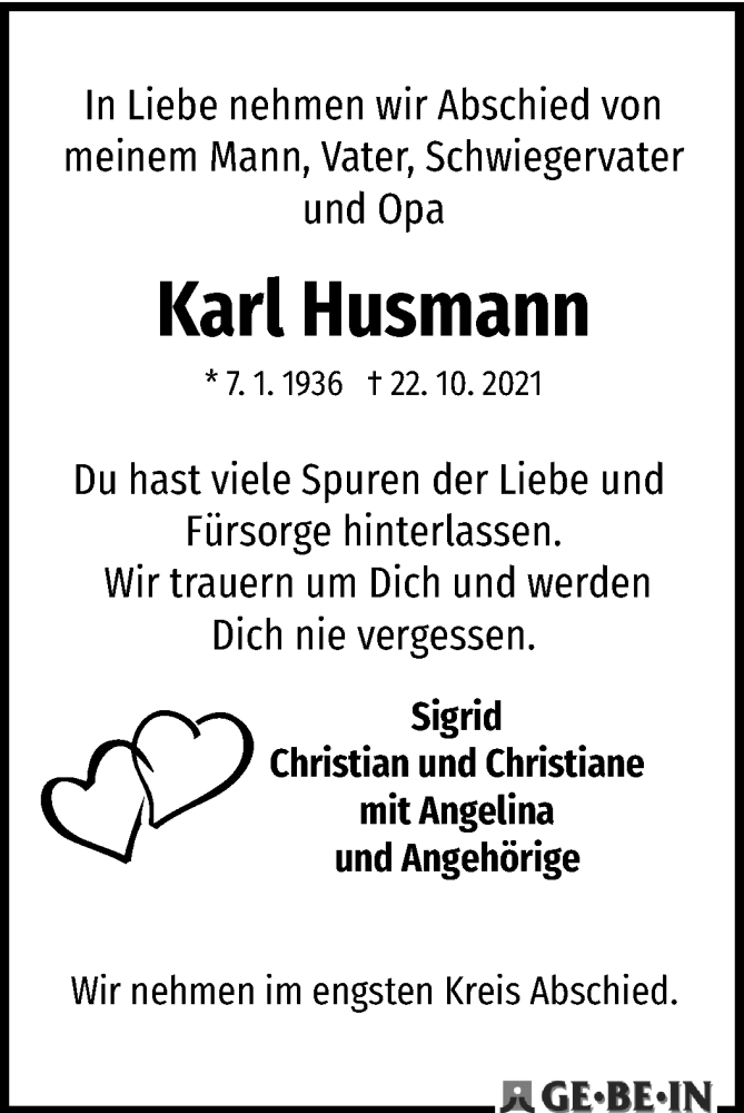  Traueranzeige für Karl Husmann vom 30.10.2021 aus WESER-KURIER