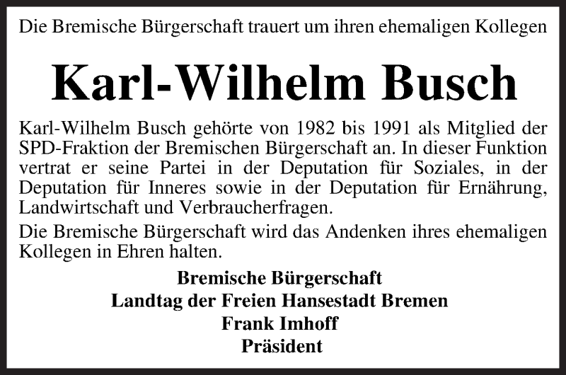  Traueranzeige für Karl-Wilhelm Busch vom 20.10.2021 aus WESER-KURIER