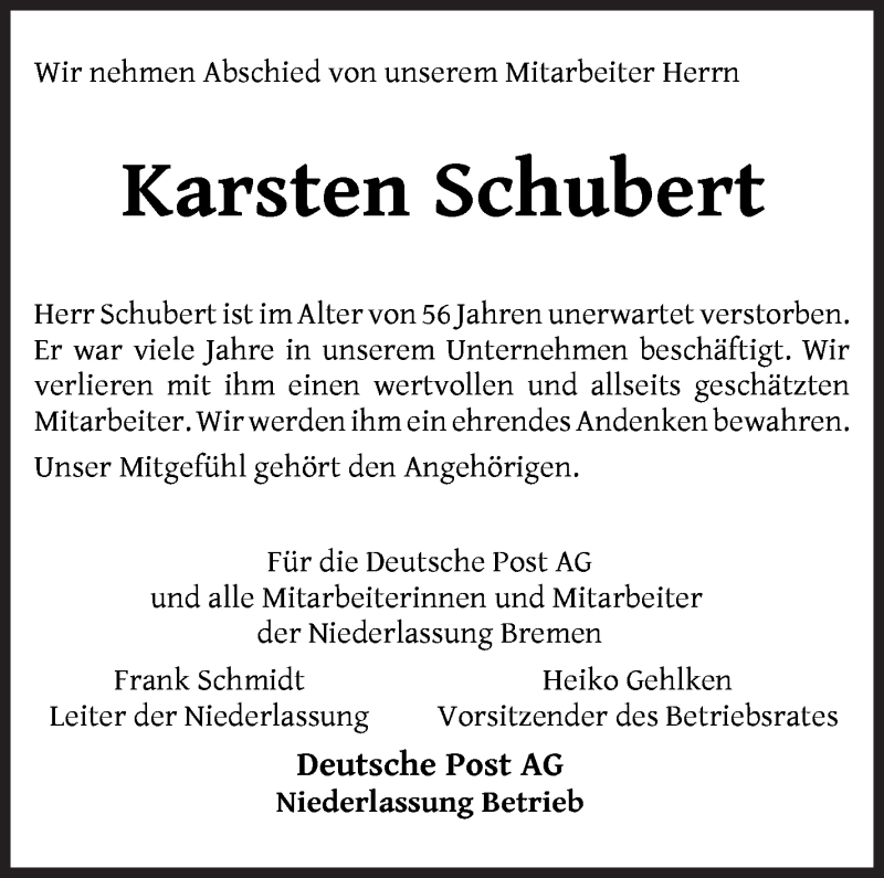  Traueranzeige für Karsten Schubert vom 16.10.2021 aus WESER-KURIER