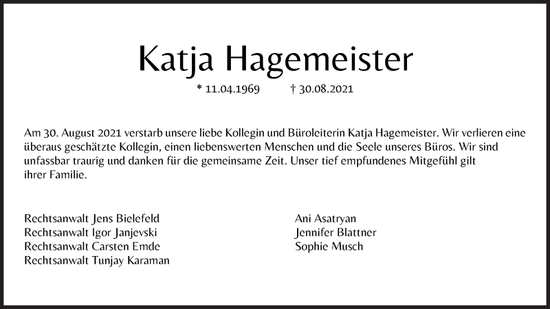  Traueranzeige für Katja Hagemeister vom 06.10.2021 aus Regionale Rundschau/Syker Kurier