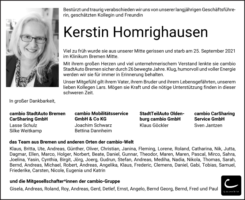  Traueranzeige für Kerstin Homrighausen vom 02.10.2021 aus WESER-KURIER