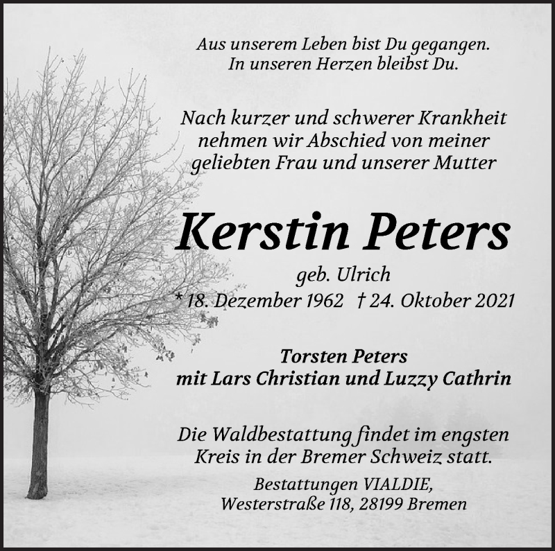  Traueranzeige für Kerstin Peters vom 30.10.2021 aus WESER-KURIER