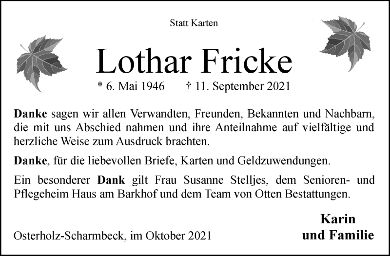 Traueranzeige von Lothar Fricke von Osterholzer Kreisblatt