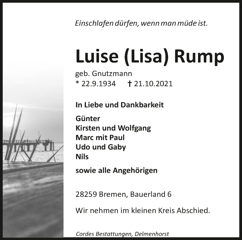  Traueranzeige für Luise (Lisa) Rump vom 30.10.2021 aus WESER-KURIER