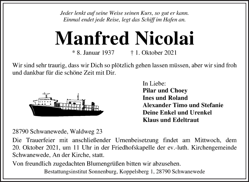  Traueranzeige für Manfred Nicolai vom 13.10.2021 aus Die Norddeutsche