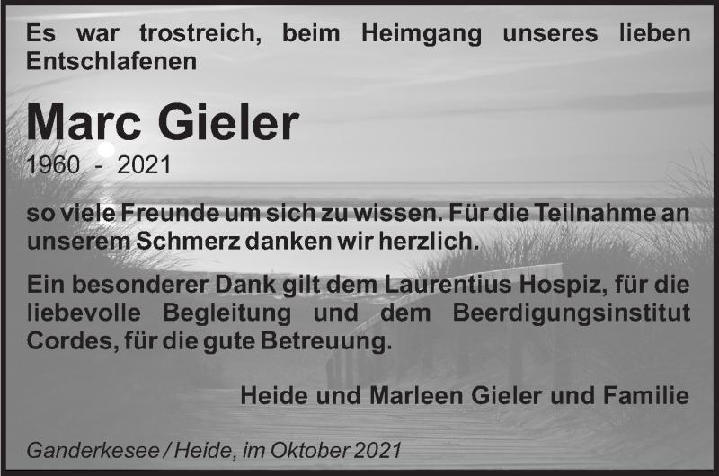  Traueranzeige für Marc Gieler vom 16.10.2021 aus WESER-KURIER