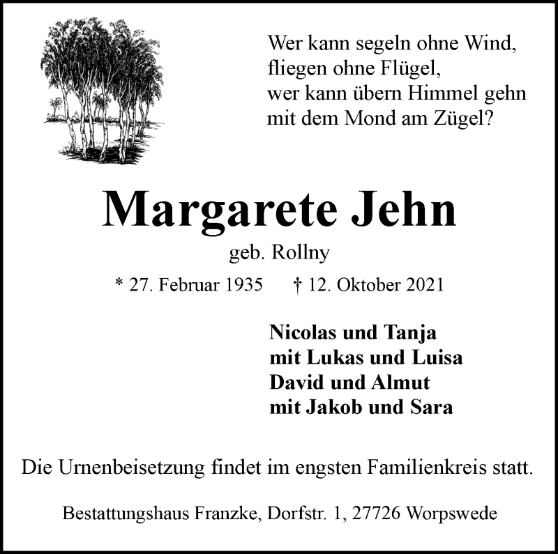  Traueranzeige für Margarete Jehn vom 23.10.2021 aus WESER-KURIER