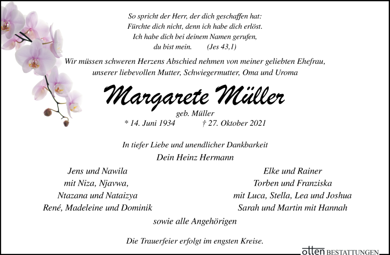 Traueranzeige von Margarete Müller von Osterholzer Kreisblatt