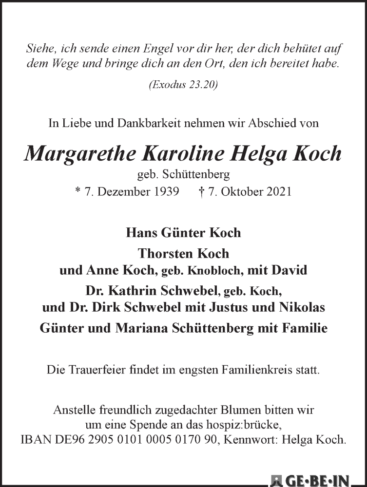  Traueranzeige für Margarethe Karoline Helga Koch vom 23.10.2021 aus WESER-KURIER