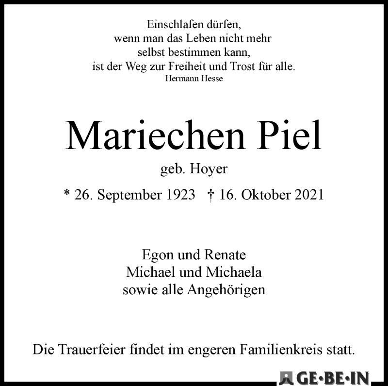  Traueranzeige für Mariechen Piel vom 23.10.2021 aus Osterholzer Kreisblatt