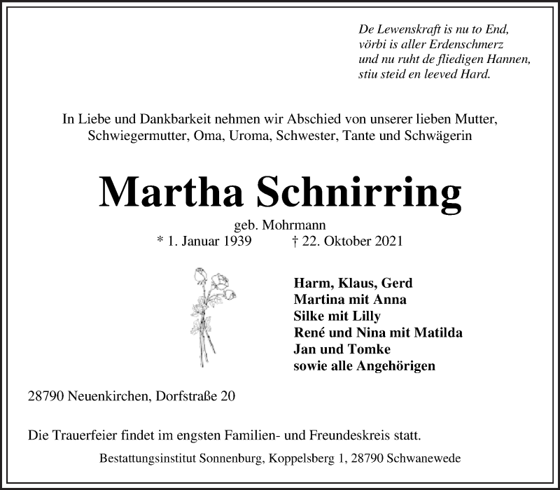 Traueranzeige von Martha Schnirring von Die Norddeutsche