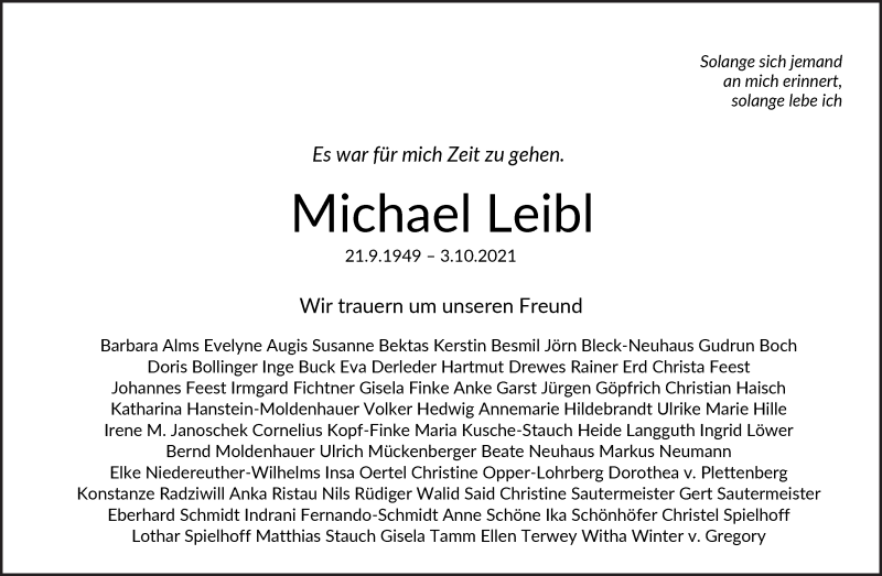  Traueranzeige für Michael Leibl vom 16.10.2021 aus WESER-KURIER
