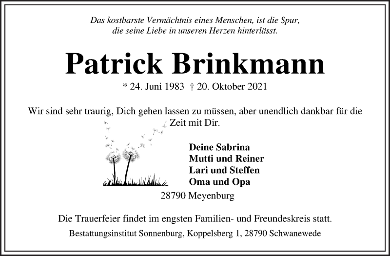  Traueranzeige für Patrick Brinkmann vom 27.10.2021 aus Die Norddeutsche