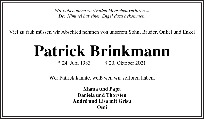  Traueranzeige für Patrick Brinkmann vom 27.10.2021 aus Die Norddeutsche