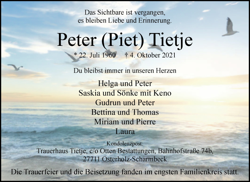Traueranzeige von Peter (Piet) Tietje von Osterholzer Kreisblatt
