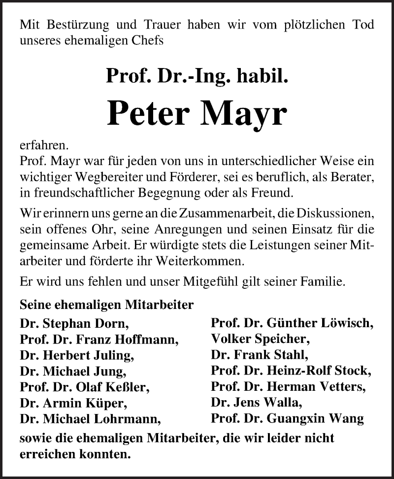  Traueranzeige für Prof. Dr. Peter Mayr vom 30.10.2021 aus WESER-KURIER