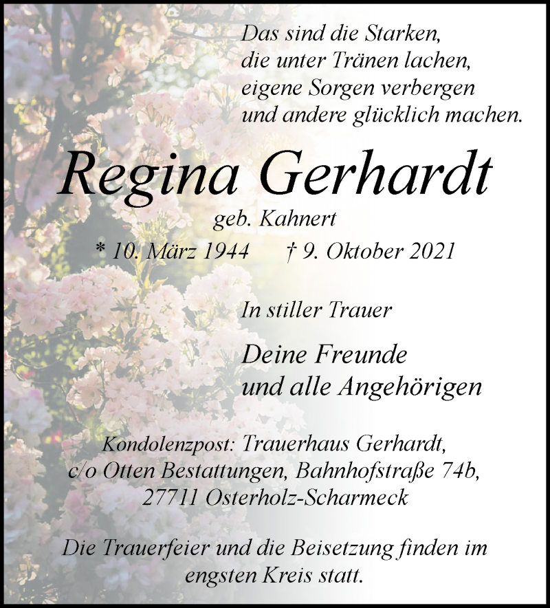 Traueranzeige von Regina Gerhardt von Osterholzer Kreisblatt
