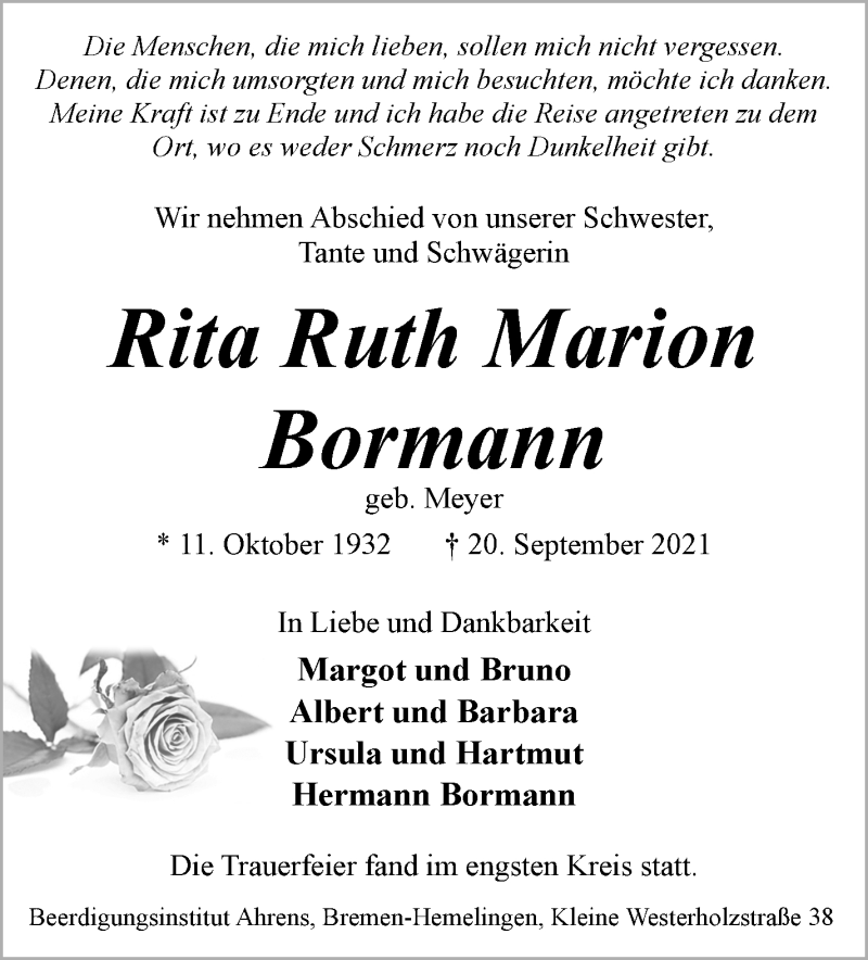 Traueranzeige von Rita Ruth Marion Bormann von WESER-KURIER