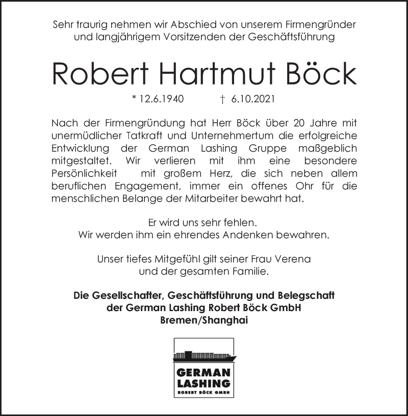 Traueranzeige für Robert Hartmut Böck vom 16.10.2021 aus WESER-KURIER