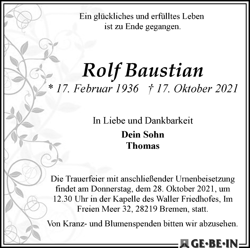  Traueranzeige für Rolf Baustian vom 27.10.2021 aus WESER-KURIER